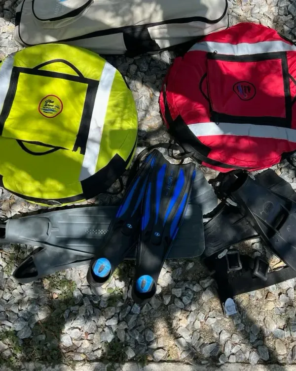 Boyas amarilla y roja junto a aletas sobre piedras de playa